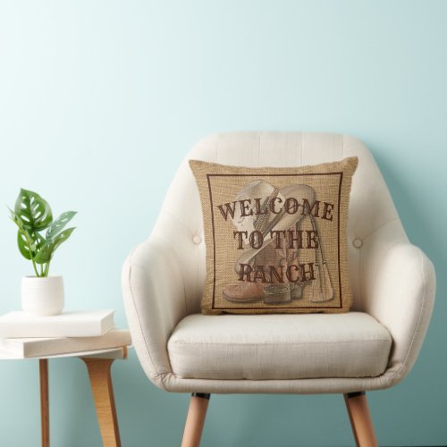 Welcome To The Ranch Cowboy Hat Boots On Faux Jute Throw Pillow