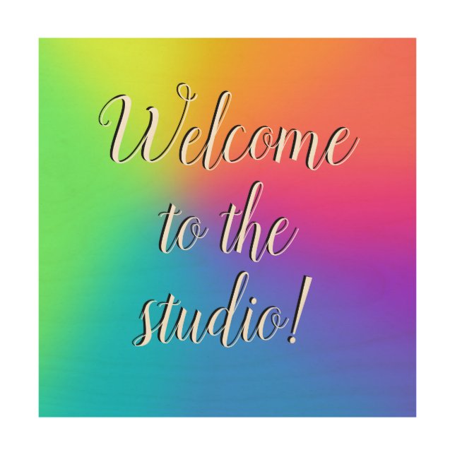 "Welcome To The Studio!" Whimsical Rainbow Wood Wall Art (Front)