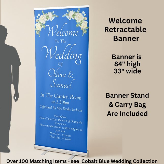 Welcome to the Wedding Cobalt Blue White Roses  Retractable Banner (Creator Uploaded)
