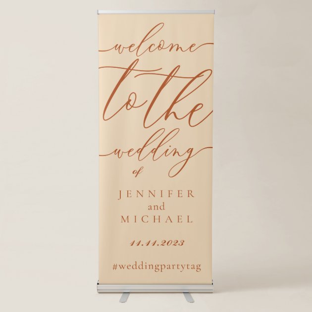 Welcome to the wedding of beige script terracotta retractable banner