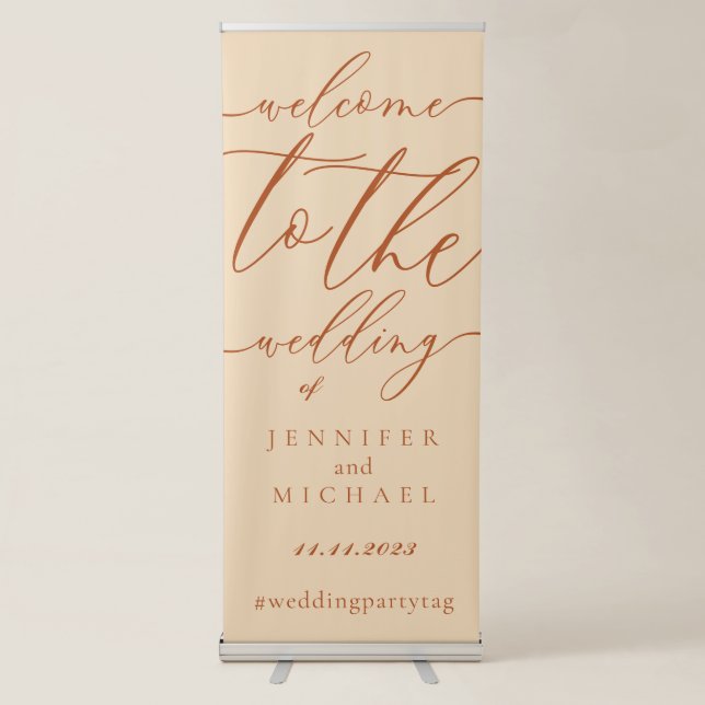 Welcome to the wedding of beige script terracotta retractable banner (Front)