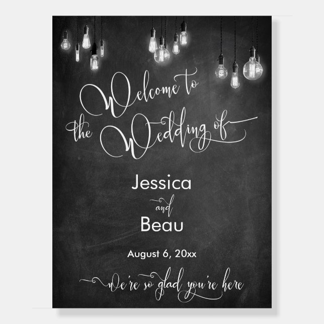 Welcome to the Wedding of Edison Lights Chalkboard Foam Board (Front)