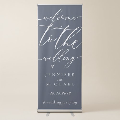 Welcome to the wedding of simple script navy retractable banner