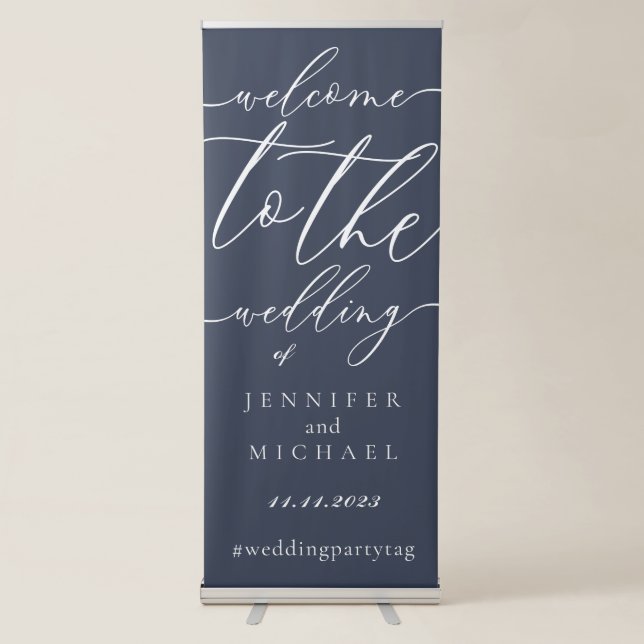 Welcome to the wedding of simple script navy retractable banner (Front)