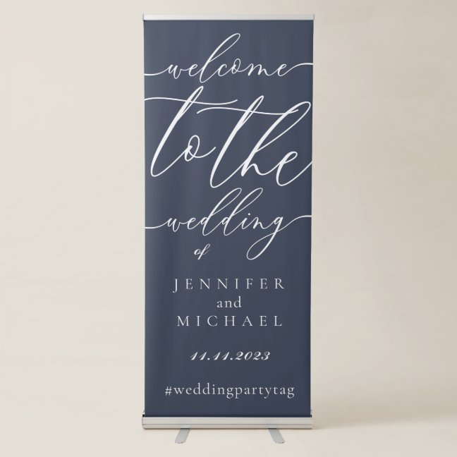 Welcome to the wedding of simple script navy retractable banner