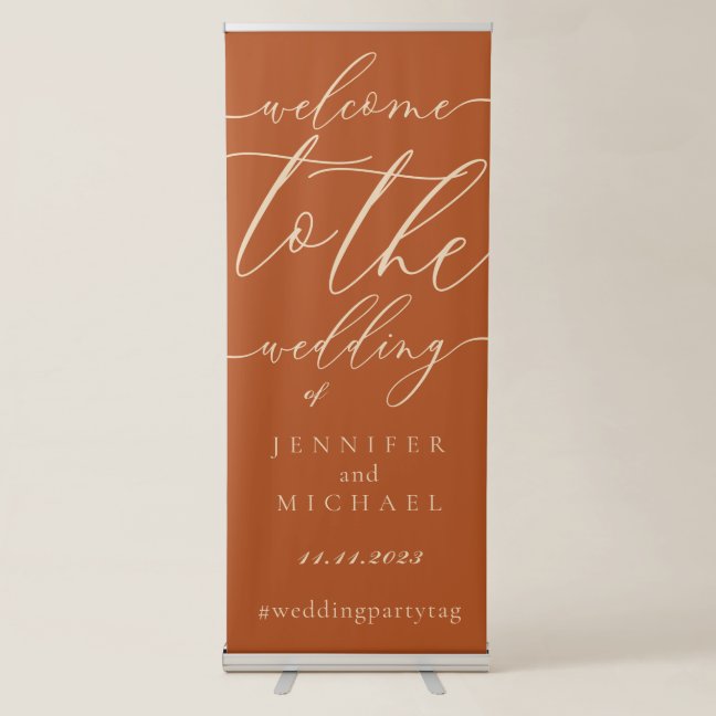 Welcome to the wedding of simple script orange retractable banner