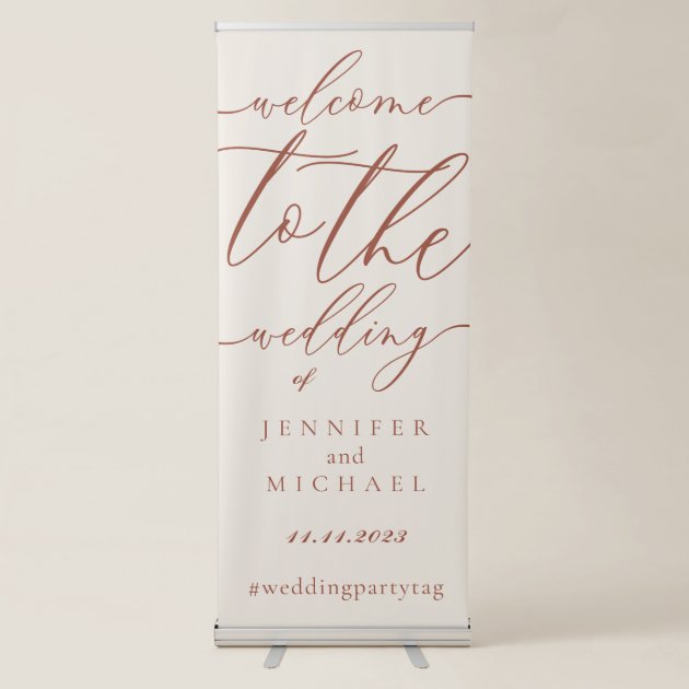 Welcome to the wedding of simple script terra retractable banner