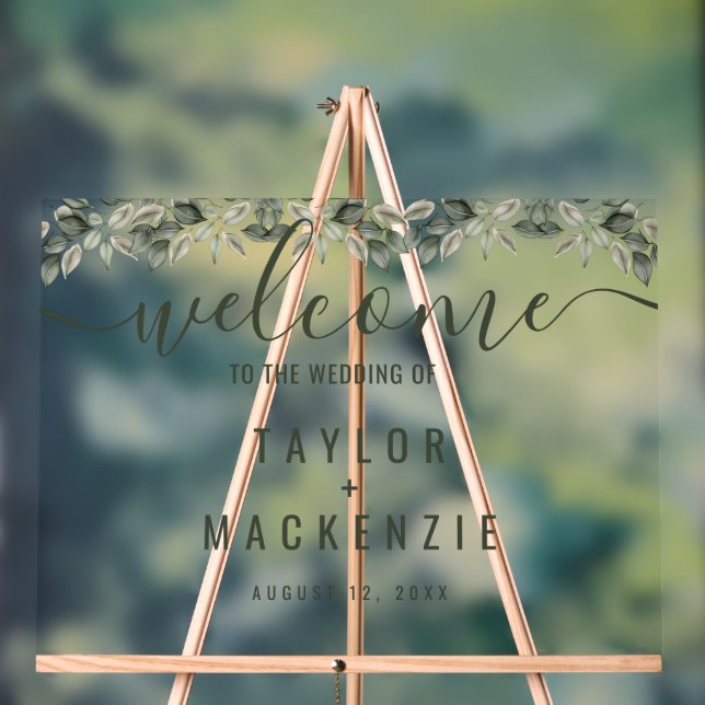 Welcome to the wedding personalized Modern Leaf Acrylic Sign (Neutral)