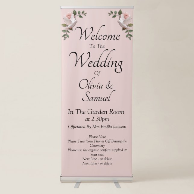 Welcome to the Wedding Pink Roses & Doves Wedding Retractable Banner (Front)