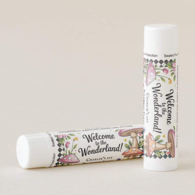 Welcome To The Wonderland 1st Birthday Party Lip Balm (Rotated Right)
