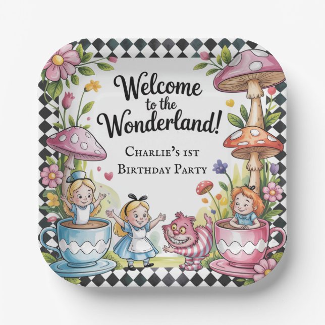 Welcome To The Wonderland 1st Birthday Party Paper Plates (Front)