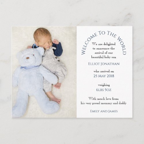 Welcome to the World Baby Boy Photo Text White Postcard