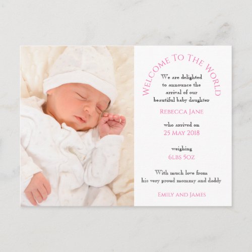 Welcome to the World Baby Girl Photo Text White Postcard