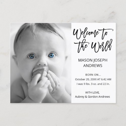 Welcome to the World Black White Photo Birth Announcement Postcard