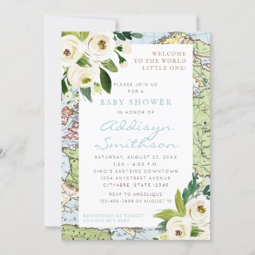 Welcome To The World Floral Map Baby Shower Invitation