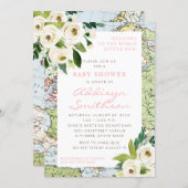 Welcome To The World Floral Map Pink Baby Shower Invitation (Front/Back)