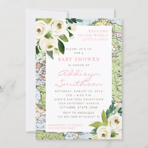 Welcome To The World Floral Map Pink Baby Shower Invitation