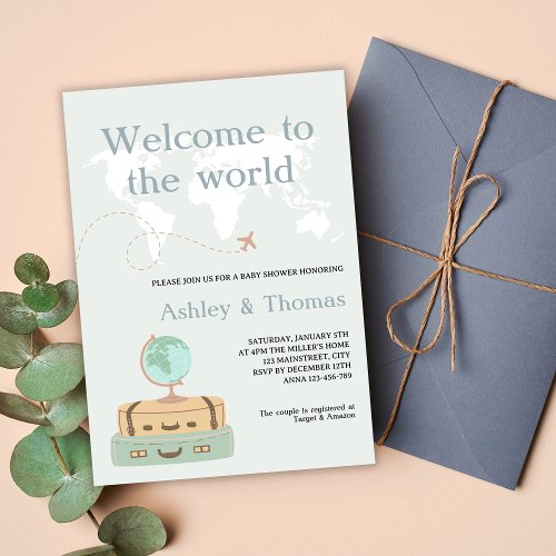 Welcome To The World Map Travel Baby Shower Invitation