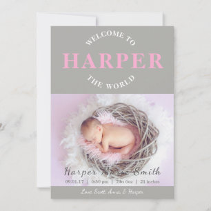 Welcome to the World pink gray Birth Announcement