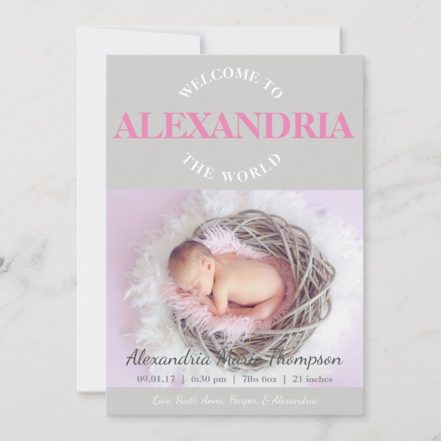 Welcome to the World pink gray Birth Announcement (Front)