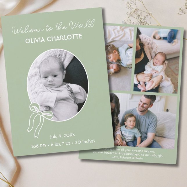 Welcome to the World Sage Green Newborn Baby Birth Announcement (Welcome to the World Sage Green Newborn Baby Birth Announcement)