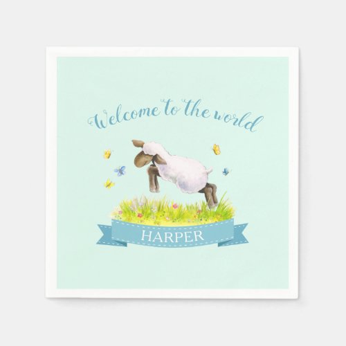 Welcome to the world spring lamb new baby aqua napkins