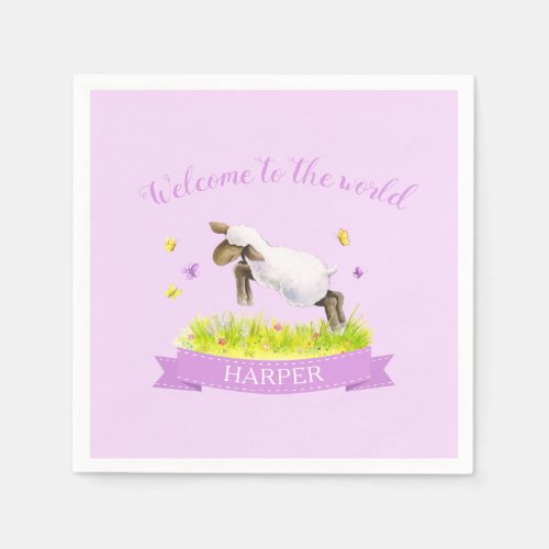 Welcome to the world spring lamb new baby purple napkins