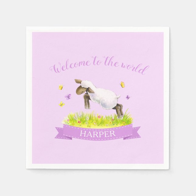 Welcome to the world spring lamb new baby purple napkins (Front)