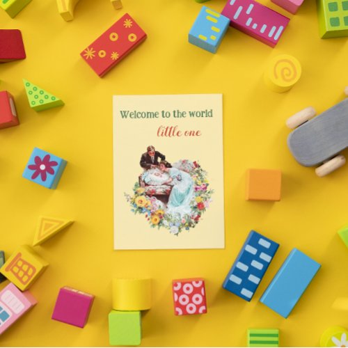 Welcome to the world Yellow Floral Vintage Baby Postcard