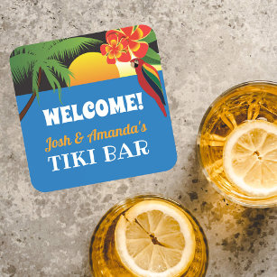 Welcome to Tiki Bar with name and tropical design Beverage Coaster