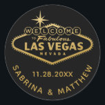 Welcome to Vegas Sign Black with Gold Classic Round Sticker<br><div class="desc">Favor sticker or envelope seal with the "Welcome to Fabulous Las Vegas" Sign in faux gold foil. Click CUSTOMIZE FURTHER to change the background color,  font,  and text color.</div>