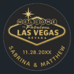 Welcome to Vegas Sign Black with Gold Classic Round Sticker<br><div class="desc">Favor sticker or envelope seal with the "Welcome to Fabulous Las Vegas" Sign in faux gold foil. Click CUSTOMIZE FURTHER to change the background color,  font,  and text color.</div>