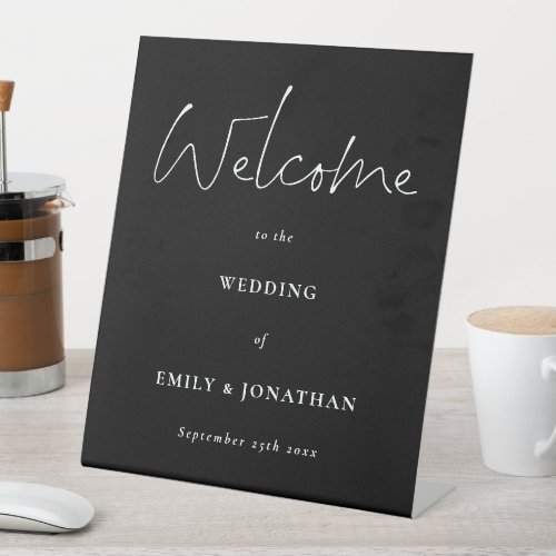 Welcome to Wedding Script Black and White Pedestal Sign