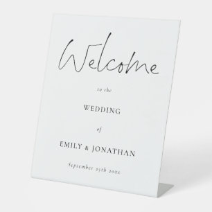 Welcome to Wedding Script White Black Pedestal Sign