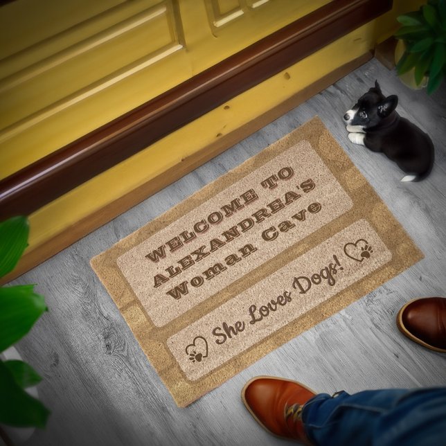 Welcome To Woman Cave Home Love Dogs         Fiber Doormat (Welcome To Woman Cave Home Love Dogs Doormat is a great mat for your home or housewarming gift.  )