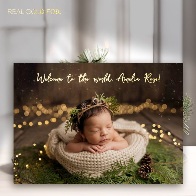 Welcome to World Calligraphy Minimalist Photo Baby Foil Invitation (baby announcement card modern calligraphy welcome to the world simple elegant classy GOLD FOIL)