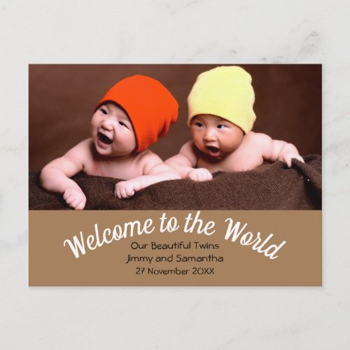 Welcome to World Twin Birth Announcement Photo Postcard