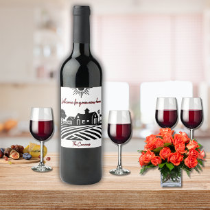 Welcome To Your New Home Black White Personalized Wine Label