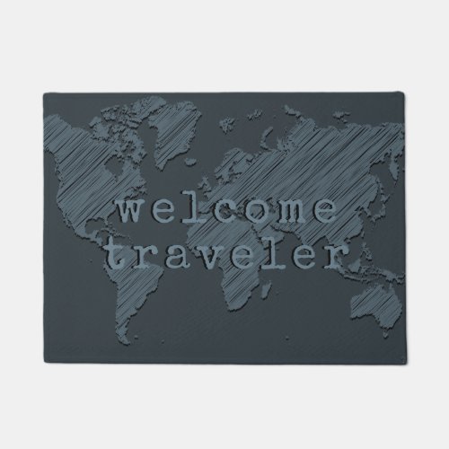 Welcome Traveler World Map Dark Gray Doormat