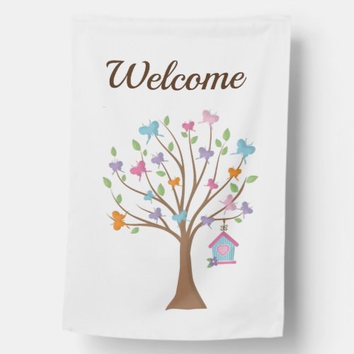 Welcome Tree Filled with Summer Butterflies House Flag