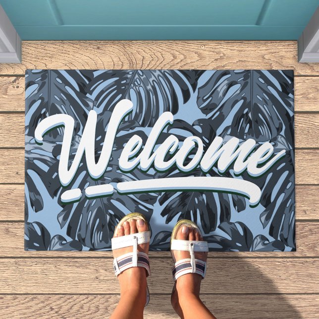 Welcome Tropical Boho Blue Jungle Leaves Doormat (Welcome doormat with blue palm leaves)