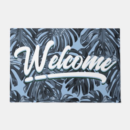 Welcome Tropical Boho Blue Jungle Leaves Doormat