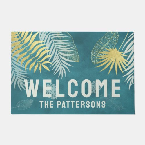Welcome Tropical Golden Palm Family Name Doormat