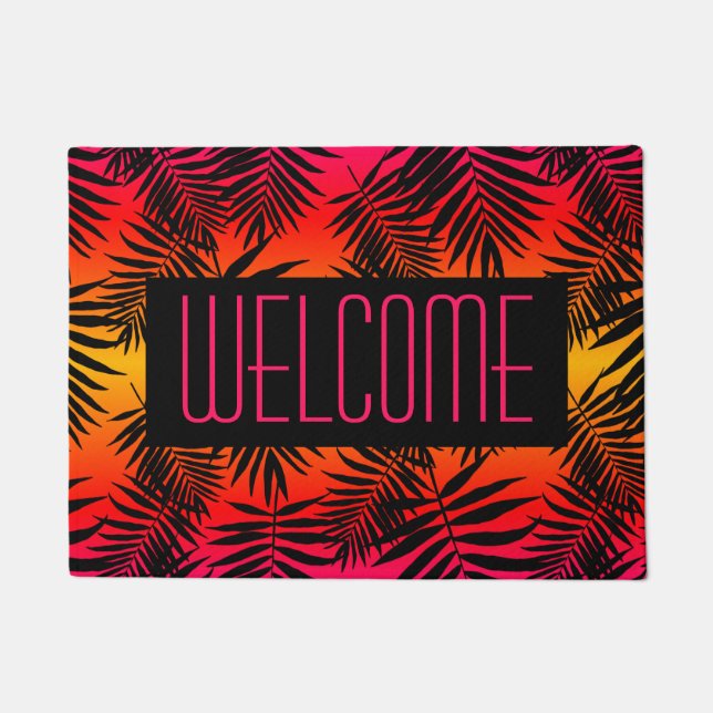 Welcome Tropical Palm Leaf On Summer Sunset Doormat (Front)