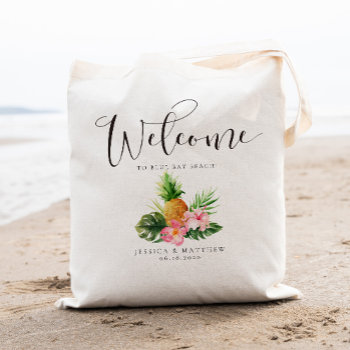 Welcome Tropical Palm Tree Pineapple And Floral Tote Bag by Precious_Presents at Zazzle