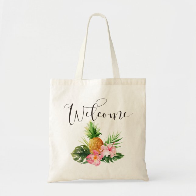 Welcome Tropical Palm Tree Pineapple floral Tote Bag (Front)
