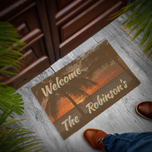 Welcome Tropical Sunset Palm Tree Family Name Fiber Doormat