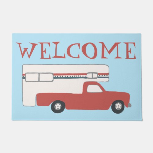 WELCOME Truck Camper Vintage Motorhome Red Blue Doormat