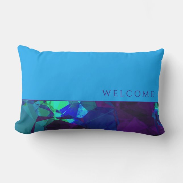 Welcome | Turquoise Blue & Purple Color Block Lumbar Pillow (Front)