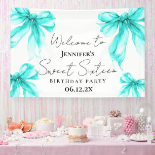 Welcome Turquoise Bow Coquette Script Sweet 16 Banner